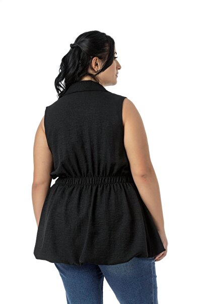 DISENTIS MODEST Plus Size Elastic Waist Detail Skirt Balloon Cut Button Lined Black Vest