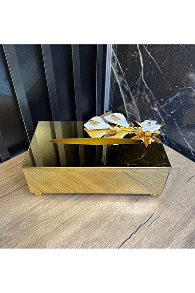 ZEKİ HEDİYELİK Lale Kapaklı Gold Metal Kutu Peçetelik