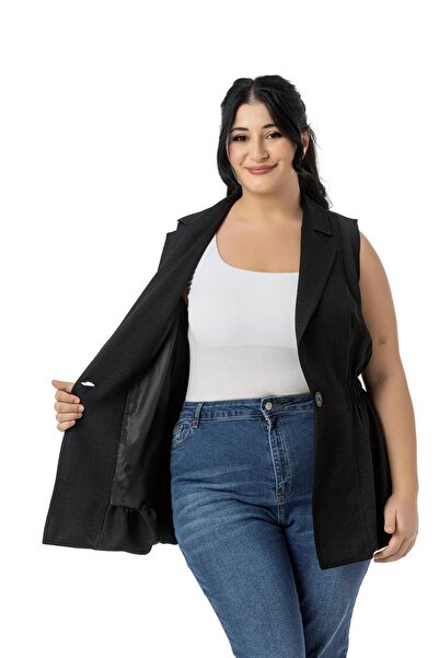 DISENTIS MODEST Plus Size Elastic Waist Detail Skirt Balloon Cut Button Lined Black Vest