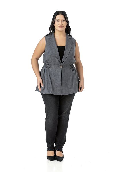 DISENTIS MODEST Plus Size Elastic Waist Detailed Skirt Balloon Cut Button Lined Gray Vest
