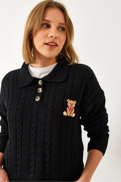 Bianco Lucci Women's Teddy Bear Embroidered Buttoned Knitwear Sweater 60351375