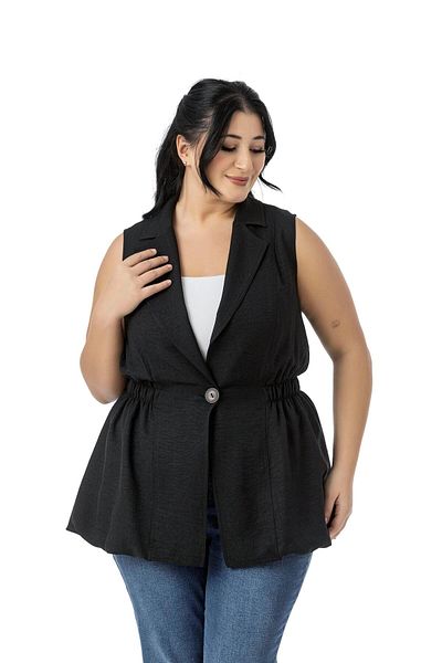 DISENTIS MODEST Plus Size Elastic Waist Detail Skirt Balloon Cut Button Lined Black Vest