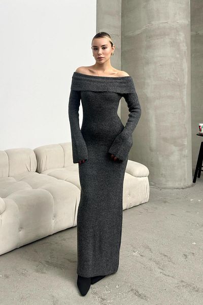 Olcay Long Knitwear Dress Boat Neck - Anthracite 9264-E
