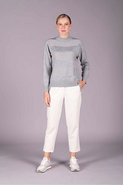Sempre Gray Striped Glitter Knitwear Wool Sweater - Half Turtleneck 2528