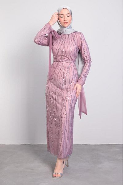 Lamia Giyim Pink Hijab Evening Dress - Striped and Wavy Sequined