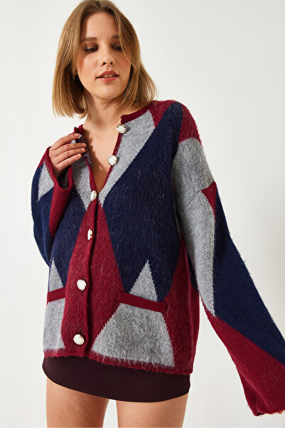 Bianco Lucci Women's Diamond Patterned Oversize Knitwear Cardigan 4021 60261248