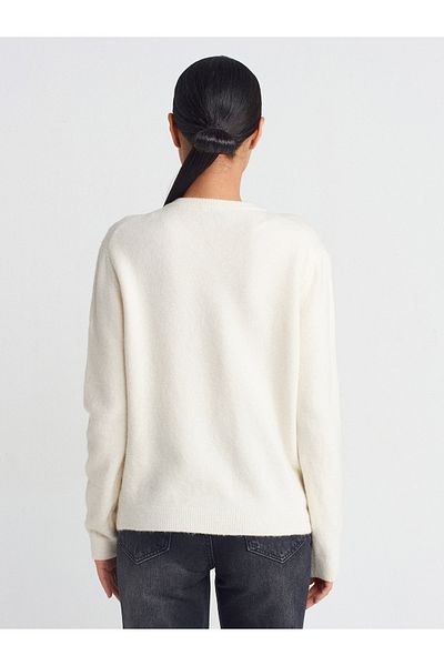 Dilvin 60936 Ecru Crew Neck Bead Knitwear Cardigan