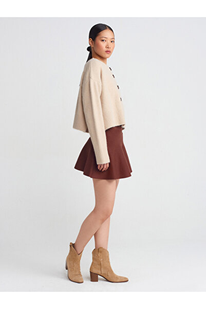 Dilvin 60280 Wool Blend Knit Cardigan with Side Slits - Dark Beige