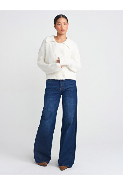 Dilvin 60928 Polo Neck Buttoned Soft Knitwear Cardigan-Ecru