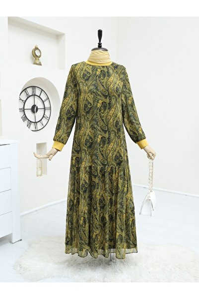 Modamorfo Φόρεμα σιφόν με φούστα με έθνικ σχέδιο - λαδί πράσινο