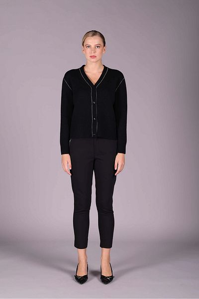 Sempre V-Neck Chain Detailed Black Women's Cardigan 2543