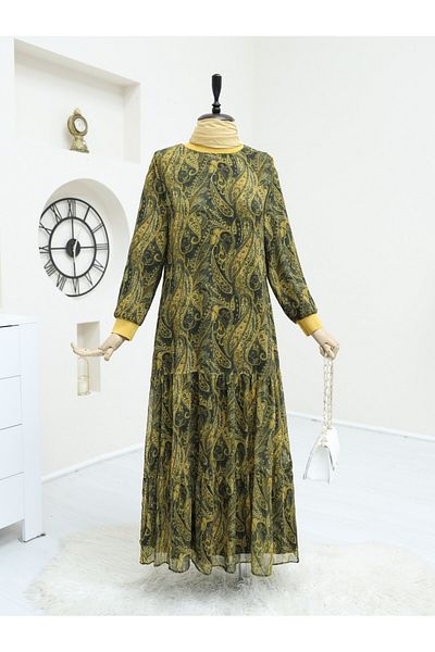 Modamorfo Fusta cu model etnic Rochie din șifon căptușită cu piese -verde ulei