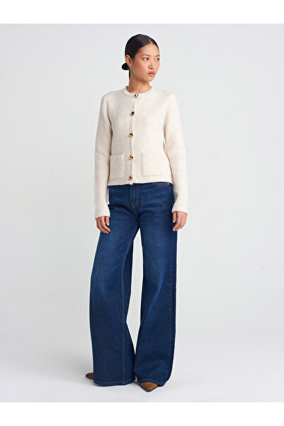 Dilvin 60935 Bisiklet Yaka Pullu Simli Düğmeli Triko Hırka-Krem