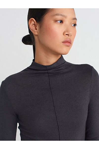 Dilvin 31391 Stand Collar Long Sleeve Top-Anthracite