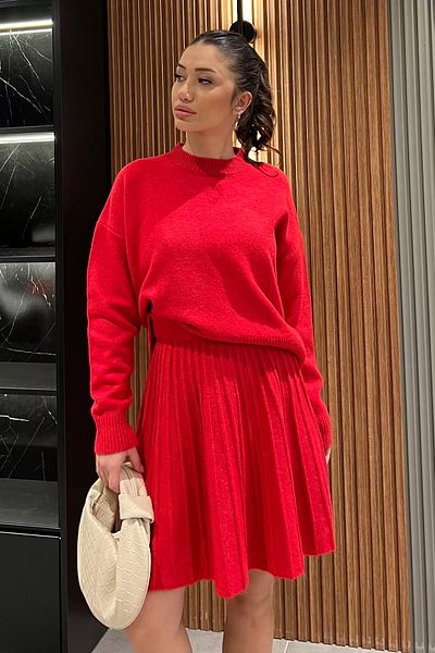 GÜLSELİ Red Style Knitwear Skirt Sweater Double Set