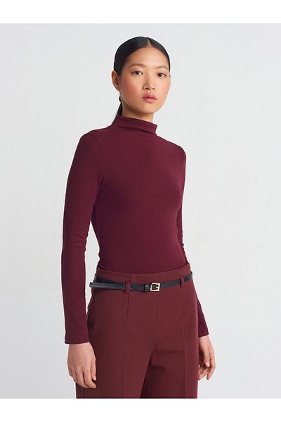Dilvin 31484 Guler cu mânecă lungă Top-Roșu Claret