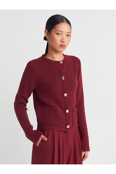 Dilvin 60935 Crew Neck Sequin Glitter Buttoned Knitwear Cardigan-Claret Red