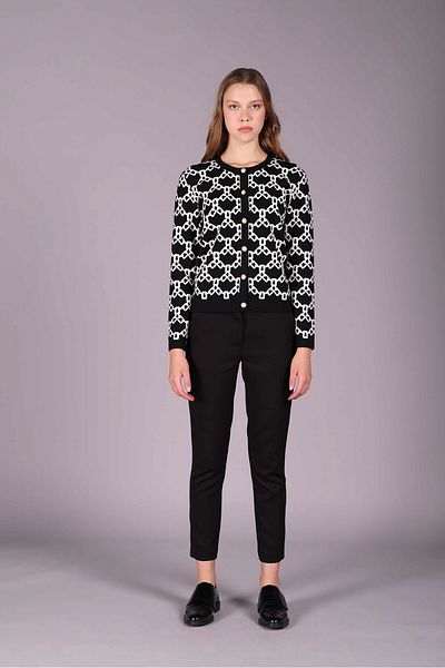 Sempre Women's Wool Cardigan with Crew Neck Chain Print - Black/Ivory 2535