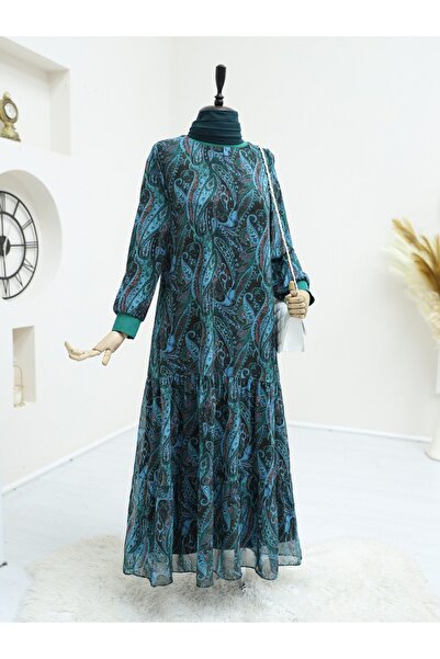 Modamorfo Πράσινο φόρεμα σιφόν - έθνικ σχέδιο, σπαστή φούστα