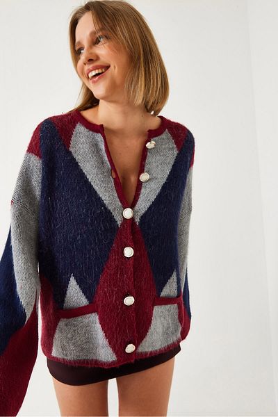 Bianco Lucci Women's Diamond Patterned Oversize Knitwear Cardigan 4021 60261248