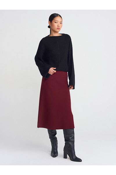 Dilvin 10688 Pulover din tricot cu nervuri cu gât crew-negru