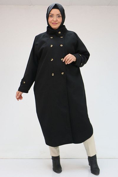 Eslina 43073 Large Size Turtleneck Cashew Coat - Black