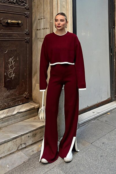 Swist Bordo İntersiye Çizgili Yırtmaçlı Örgü Crop-Pantolon Kadın Triko Alt-Üst Takım