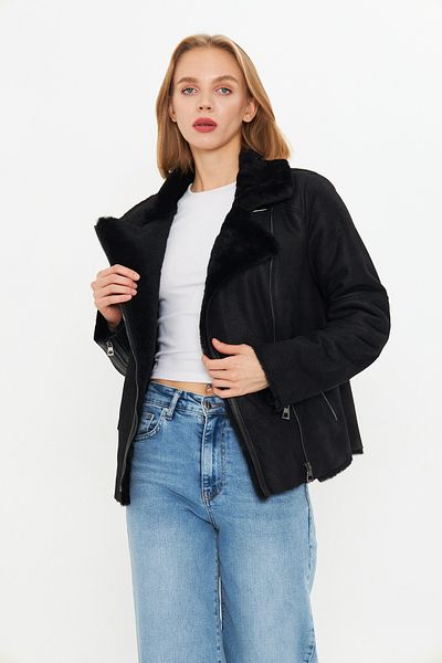 By Marki Marki Women's Genuine Leather Jacket - 63 Cm, Fur Inside, Fit Cut, Black, Zip-Up - 112122