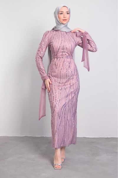 Lamia Giyim Pink Hijab Evening Dress - Striped and Wavy Sequined