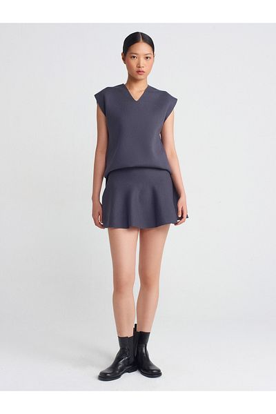 Dilvin 80120 Elastic Waist Flounce Knitwear Skirt-Anthracite