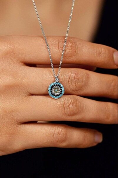 Roza Silver Mix Taşlı Rodyum Nazar Boncuğu Minimal Gümüş Kolye