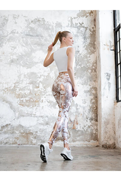 lismina Altın Yaldızlı Beyaz Deri Görünümlü Kumaş Spor Tayt