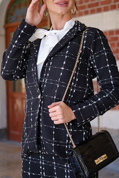 KÜÇÜĞÜM BUTİK Siyah Tüvit Düğme Detaylı Uzun Ceket Ve Etek Takımı (CEKET-ETEK)