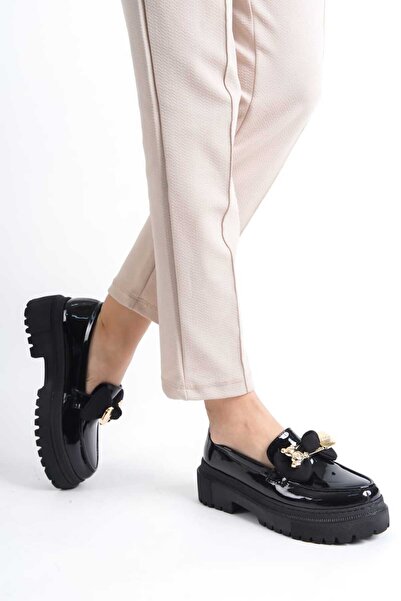 Zaza moda siyah rugan ayııcık toka detaylı loafer kadın ayakkabı