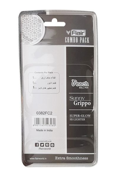 Flair Combo Pack of Peach Ball Pen,Sunny Grippo 4in1 Color Pen and Super Glow Hi-Lighter