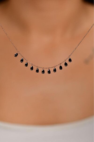 Roza Silver Oniks Taşlı Rose Shakira Damla Gümüş Kolye