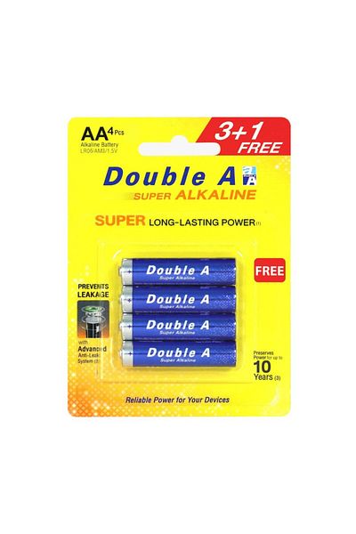 DOUBLE A مجموعة بطاريات قلوية طويلة الأمد مجانية من 3+1