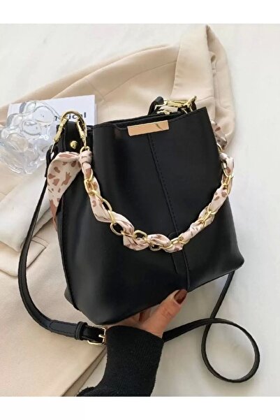 bag&more Kadın Siyah Fularlı Zincir Aksesuarlı Yumuşak Deri 3 Bölmeli El Kol Ve Omuz Çantası