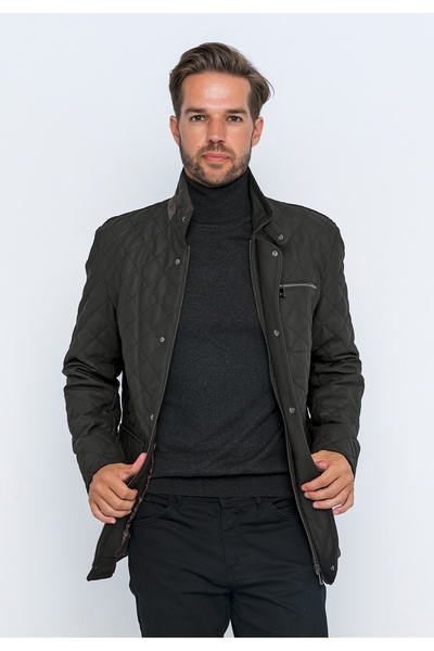 Basics&More معطف جلد بني تافتا مبطن للرجال-E1630