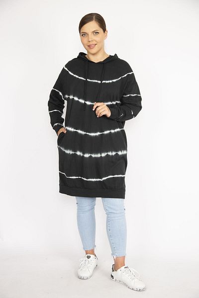 Şans Women's Large Size Black Tie-Dye Patterned Hooded Long Sweatshirt 65n36724