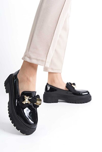 Zaza moda siyah rugan ayııcık toka detaylı loafer kadın ayakkabı