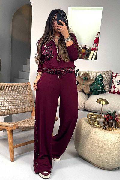 Sohotique By P Burgundy Satin Leopard Print Modal Tracksuit Set