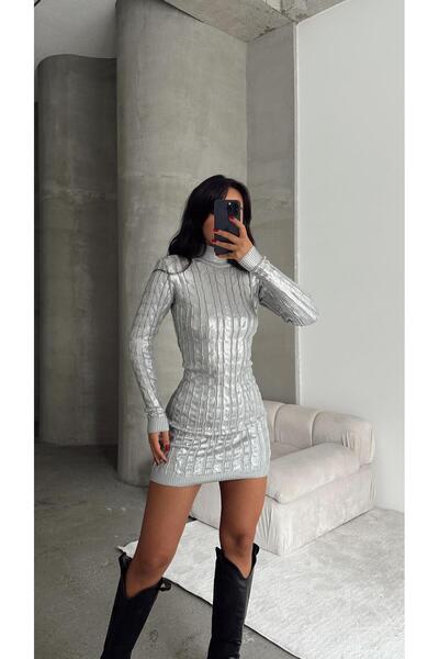 mydukkan.co Silver Meg Triko Elbise Metalik Gümüş