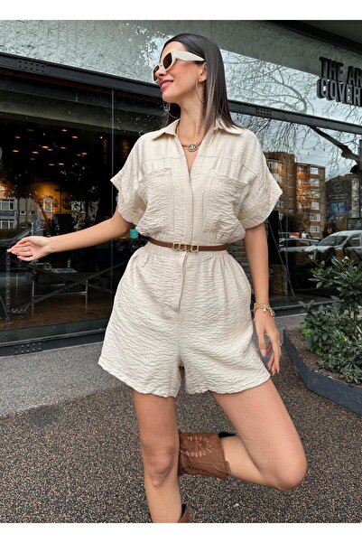 Angel Mia بذلة من الكتان باللون البيج على شكل حرف V