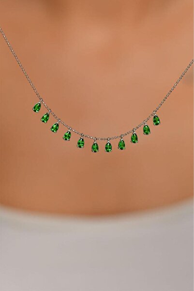 Roza Silver Zümrüt Taşlı Rodyum Shakira Damla Gümüş Kolye