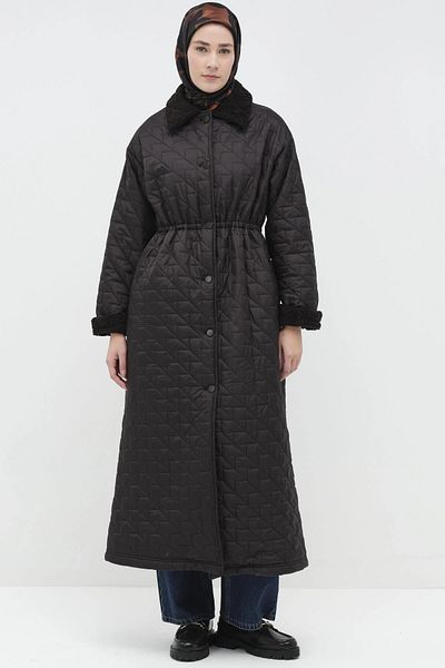 Tuğba Plush Detailed Quilted Coat - Black