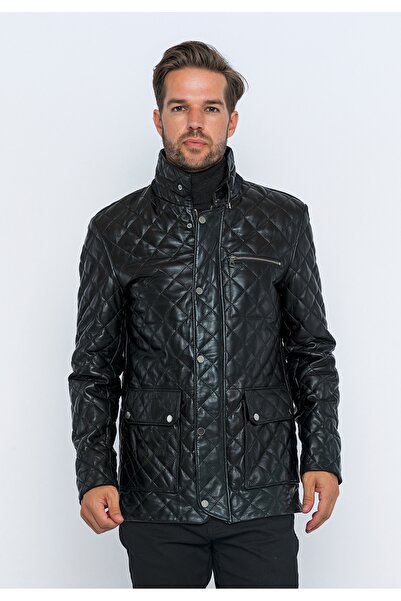 Basics&More Men's Black Quilted Leather Coat-E1630