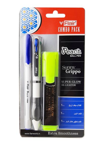 Flair Combo Pack of Peach Ball Pen,Sunny Grippo 4in1 Color Pen and Super Glow Hi-Lighter