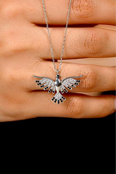 Roza Silver Oniks Taşlı Rodyum Anka Kuşu Gümüş Kolye