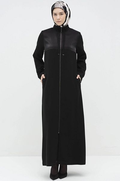 Tuğba Black Garnished Zipper Closure Ferace